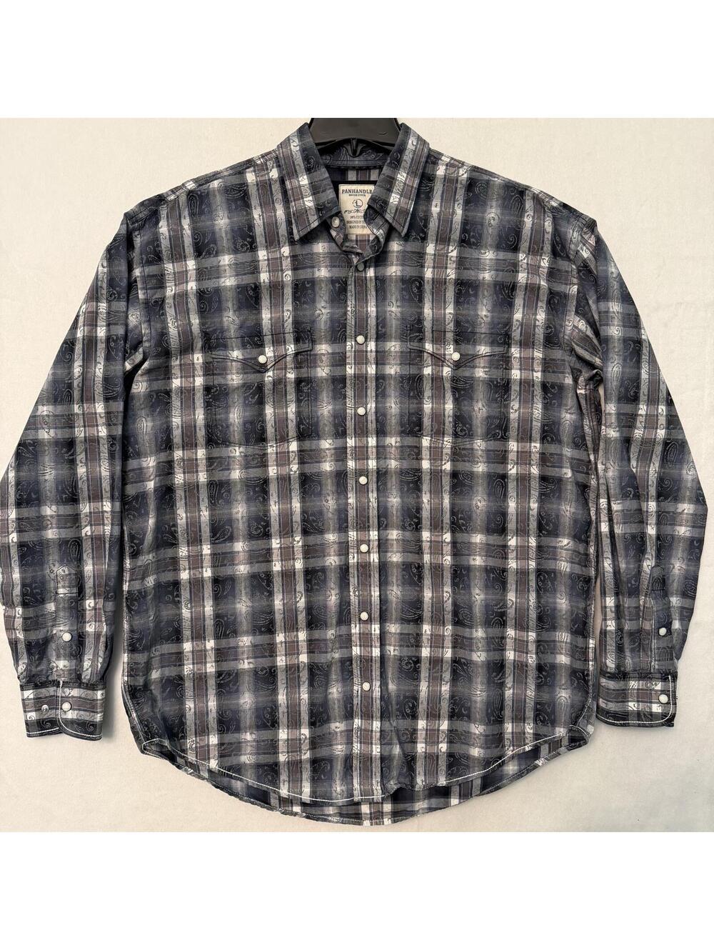 Panhandle Rough Stock Men's L Plaid Paisley Pearl Snap Long Sleeve Western Shirt